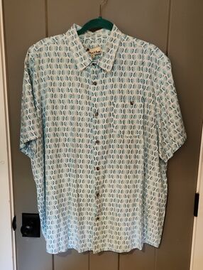 NEW Oliver & Burke blue and teal floral/leaf pattern Hawaiian button-up shirt3XL